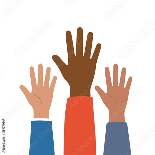 Diverse hands raised in the air showing unity and participation isolated on white background