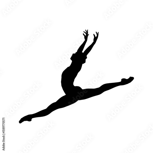 Graceful ballerina performing a split leap with arms extended isolated on white background