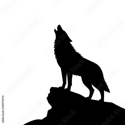 Black silhouette of a wolf howling on a rocky outcrop isolated on white background
