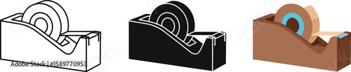 Three tape dispensers are presented in different styles, including a line drawing, a solid black silhouette, and a colored version, showcasing office supplies and stationery.