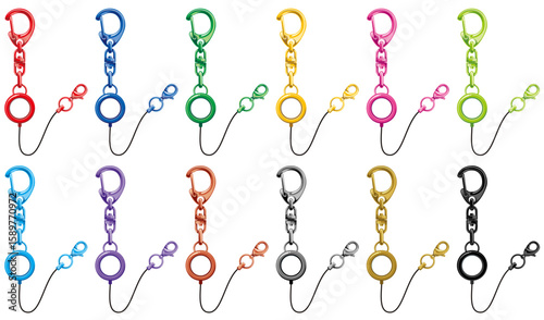 カラフルなナスカンのストラップ付きリールホルダーのベクターイラスト素材セット／リールが伸びた状態(Colorful Vector Set of Reel Holders with Lobster Clasp Straps – Extended Reel Type)
