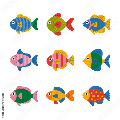 Collection of nine cute cartoon fish with different colors and patterns isolated on white background