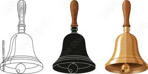 Three bell illustrations showcase a line drawing, a solid black silhouette, and a shiny gold version, all featuring wooden handles and a classic bell shape for diverse design needs.