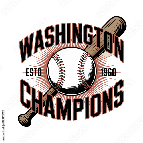 Washington champions baseball bat and ball logo isolated on white background