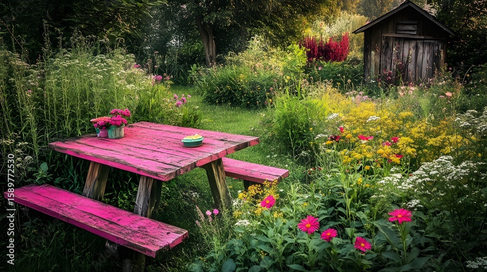 Naklejka premium Pink Picnic Table in Vibrant Summer Garden