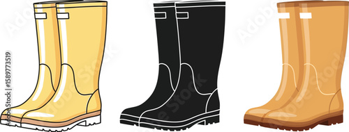 Three pairs of rubber boots are displayed in different styles, showcasing yellow, black, and tan colors, perfect for gardening, farming, or outdoor activities in wet weather.