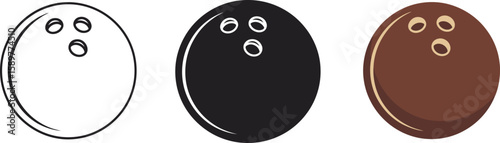 Three bowling ball illustrations showcase a progression from outline to solid black and finally a brown shaded version, perfect for sports, recreation, or graphic design projects.