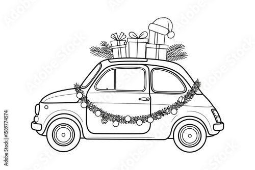 Festive Holiday Car Illustration of a Black and White car with holiday decorations and gifts, perfect for seasonal greetings.