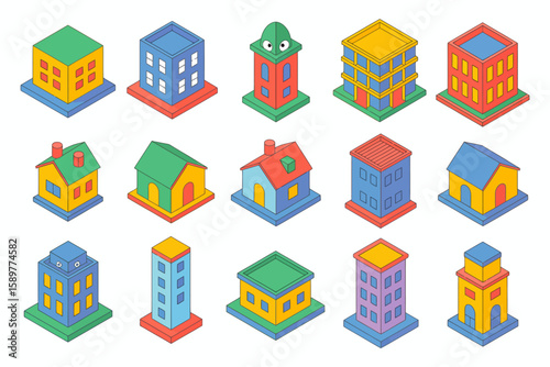 Colorful Isometric Buildings A Playful Architectural Collection for Design Projects and Urban Planning Concepts