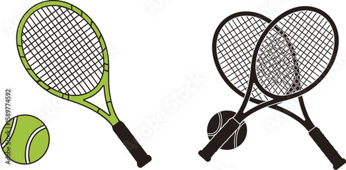 Tennis rackets and a ball are depicted in this vector illustration, showcasing sports equipment in both color and monochrome versions, perfect for athletic themes and design projects.