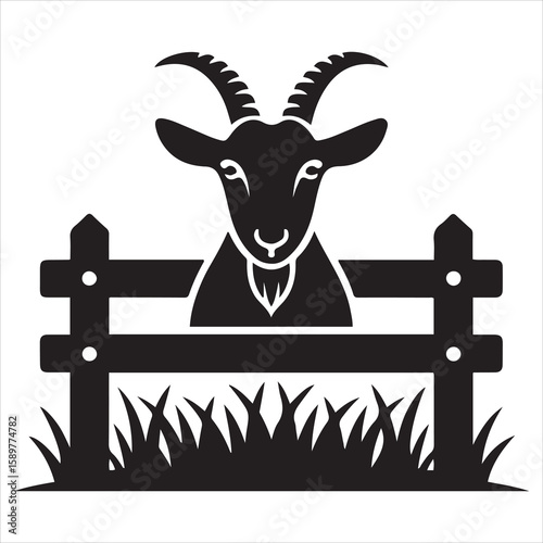 Goat near wooden fence logo icon silhouette vector on white background.