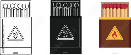 Three matchboxes showcase fire safety with a flame warning symbol, presented in line art, silhouette, and full color, ideal for illustrating fire prevention or camping gear.