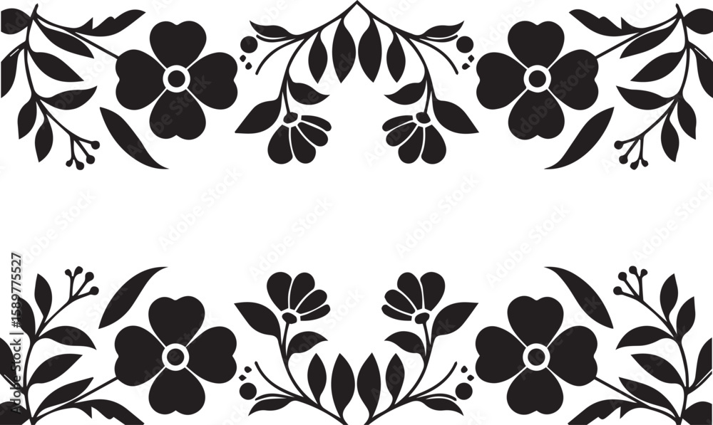 Obraz premium Elegant floral border, stylized Black flowers and leaves,