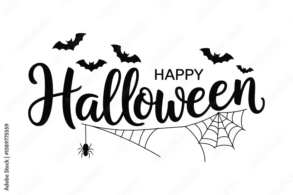 Fototapeta premium Happy Halloween Calligraphy Design Featuring Spider Web and Bat Accents – Perfect for Seasonal Greeting Cards, Party Invitations, Posters, and Holiday Banners 