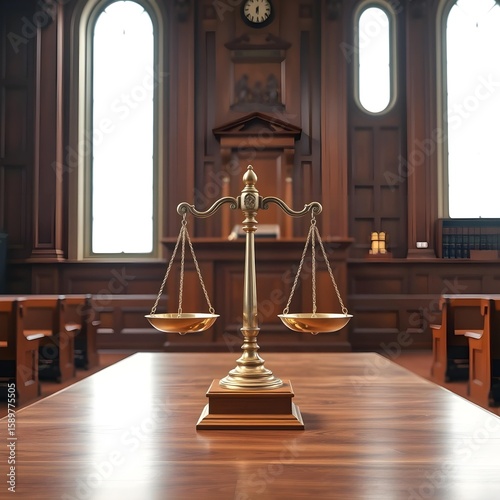 Classic Courtroom with Golden Scales and Clock-AI Generated
