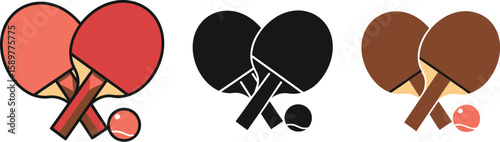 Table tennis paddles and ball are showcased in three distinct styles, offering a versatile graphic for sports enthusiasts and design projects with a focus on ping pong equipment.