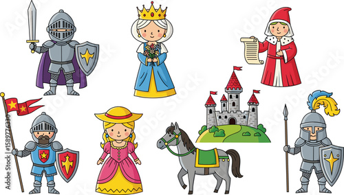 Medieval fantasy illustration with knights, princess, wizard, queen, castle, horse, armor, scroll, flags, storytelling art for children adventure