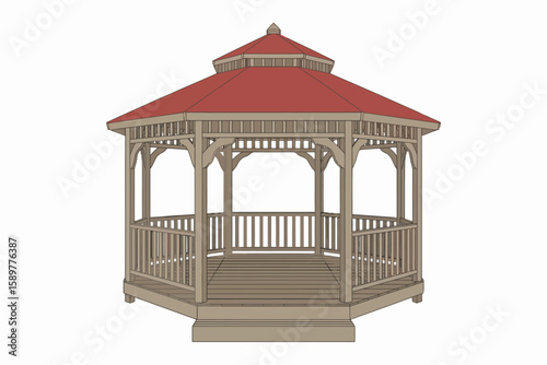 Octagonal Gazebo Design Red Roof and Beige Structure