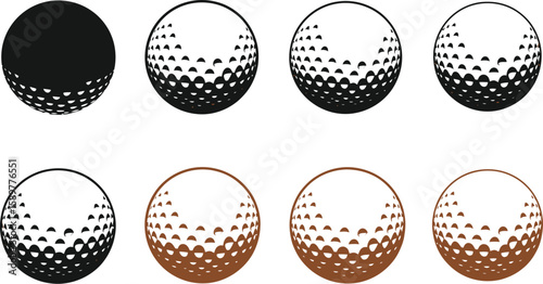 Isolated golf ball set showcases a variety of styles, from solid black to outlined white and two-toned brown, perfect for sports graphics and design elements in golf-related projects.