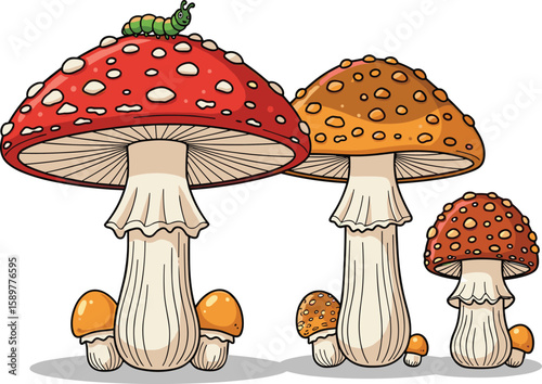 Whimsical cartoon mushrooms with caterpillar, colorful fungi drawing, fantasy forest concept, vibrant nature illustration, children’s art, playful woodland scene