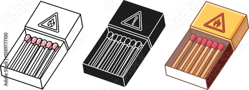 Three matchboxes showcase safety and utility, presented in line art, silhouette, and vibrant color, ideal for illustrating fire safety, camping equipment, or hazard awareness.