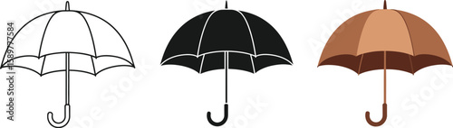 Three umbrella icons showcase weather protection in line art, solid black, and brown tones, offering diverse design options for seasonal graphics and vector illustrations.
