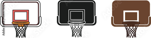 Three basketball hoops are displayed in a row, showcasing different styles and colors, perfect for sports enthusiasts, graphic designers, and educational resources related to basketball.