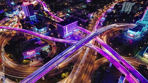 Light trails from speeding cars flow across a neon-lit city overpass in a vibrant night setting