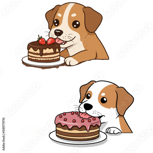 Cartoon dogs joyfully eating cakes, cute and playful graphic for birthday cards, party invitations, and children's designs.