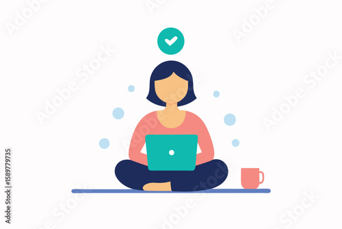 Woman working on a laptop while meditating, achieving task completion