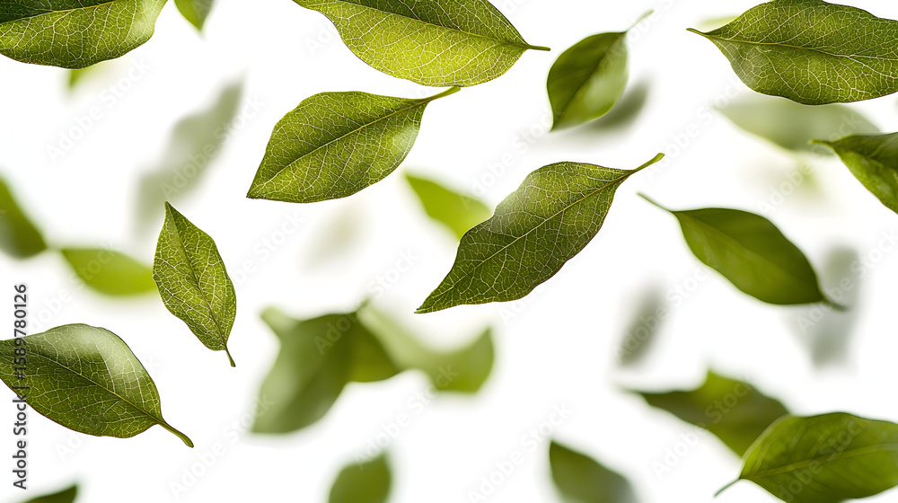 Fototapeta premium Green leaves falling, natural pattern on white background. Fresh foliage, greenery concept