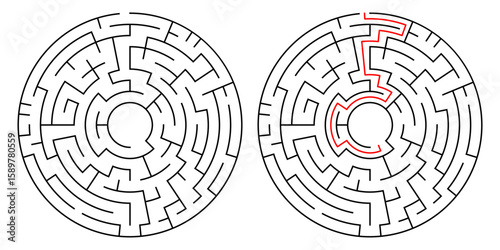 Circular maze puzzle with solution path. Black and white vector design with red solving line. Perfect for brain games, logic training, or educational materials.

