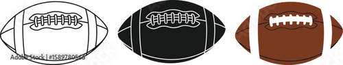 American football icons showcase the sport's essence with a line art version, a solid black silhouette, and a fully colored illustration, perfect for sports-themed designs.