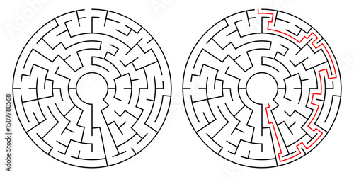 Circular maze puzzle with solution path. Black and white vector design with red solving line. Perfect for brain games, logic training, or educational materials.

