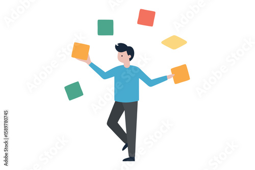 Man skillfully juggling colorful blocks and shapes