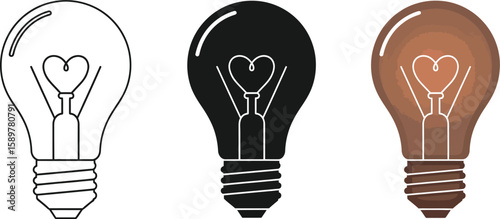 Three light bulbs showcase a heart filament design, presented in line art, solid black, and a warm brown tone, ideal for illustrating ideas, love, or creative concepts.