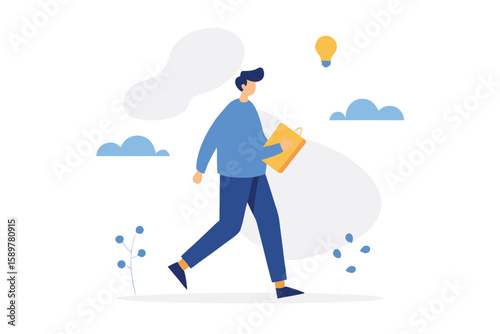 Man walking with a bag and a lightbulb symbolizing an idea