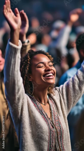 Joyful Young African American Woman Worshiping with Hands Raised at a Lively Event