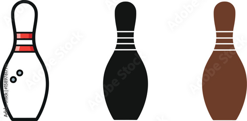 Three bowling pins are displayed in a row, one white with red stripes, one black, and one brown, each showcasing a simple, clean vector design for bowling or sports themes.