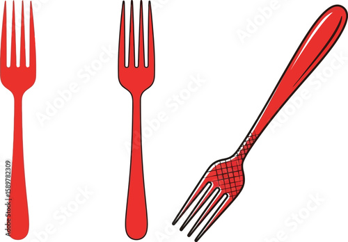 Three red forks are displayed in a minimalist style, showcasing kitchen utensils with clean lines and a vibrant color palette, perfect for culinary themes and design projects.