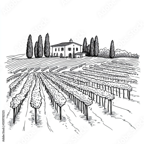 A simple line drawing of an Italian vineyard with rows of grapevines and cypress trees, with a house in the background