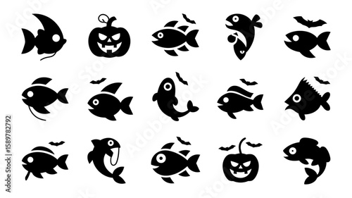 Vector Collection of spooky halloween icons featuring fish ghosts pumpkins and bats