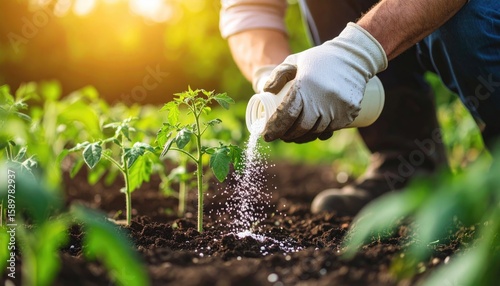 A gardener fertilizes young tomato plants in a garden bed