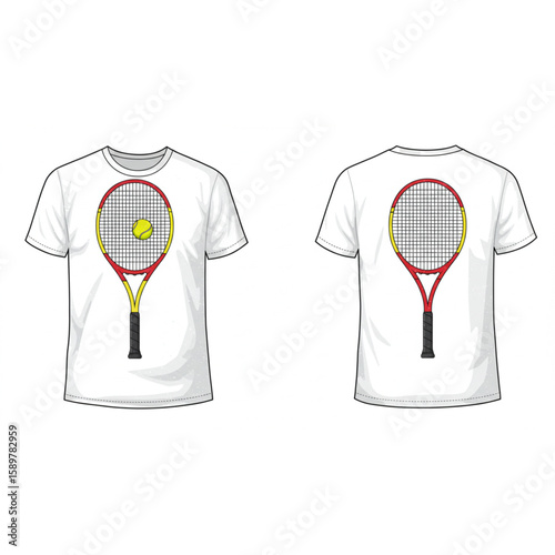 T-shirt graphic featuring a tennis racket and ball, ideal for apparel design or representing sports and recreational themes.