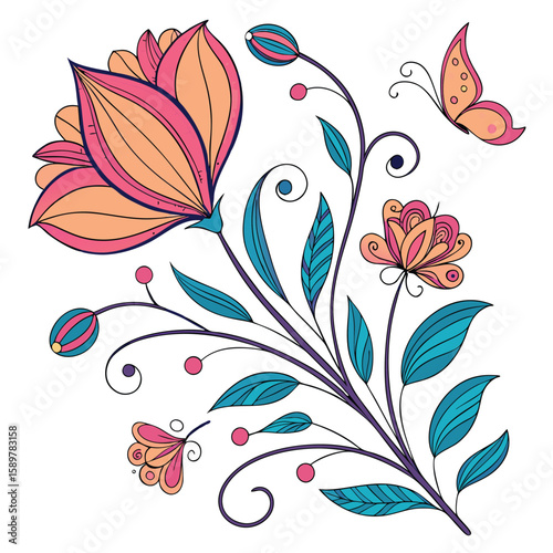 Abstract floral vector background with decorative butterflies and swirling nature elements