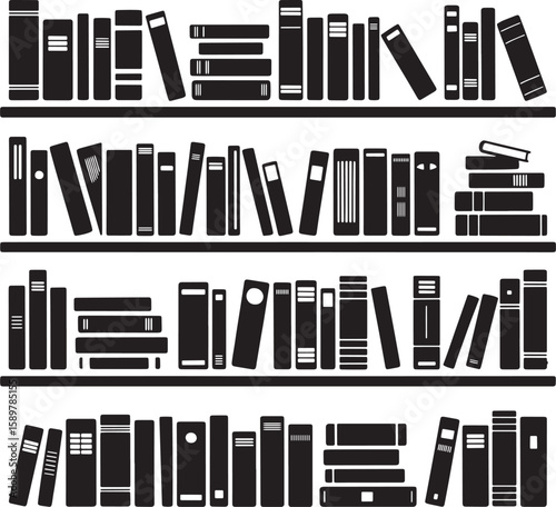Bookshelf Silhouette, Library or Bookstore Shelves with Stacked Books for Education, Knowledge, and Reading Concepts
