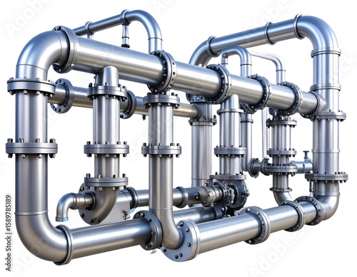 Industrial Steel Pipeline Network for Petrochemical Plant, isolated on transparent background