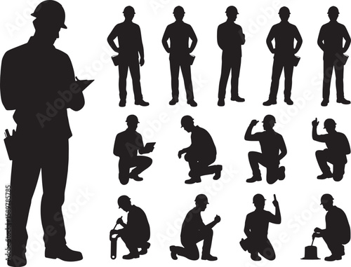 Construction worker silhouettes in various poses, black vector set. Ideal for industrial, building, engineering, and manual labor themes.