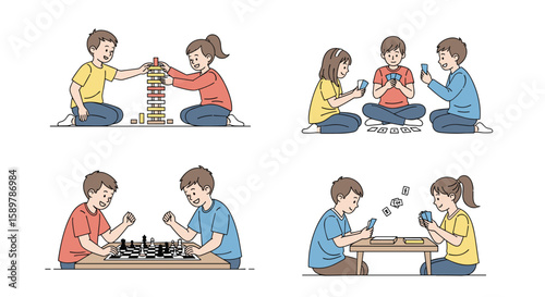 Children enjoying various indoor board games and card games together in a casual setting