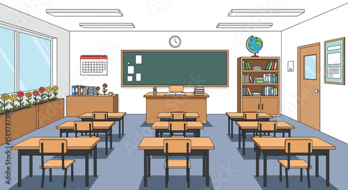A typical modern elementary school classroom ready for learning and student engagement
